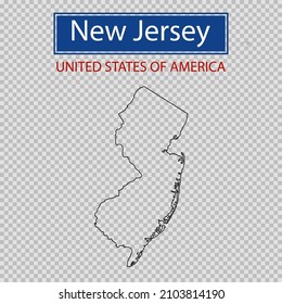 New Jersey state outline map on a transparent background, United States of America line icon, map borders of the USA New Jersey state.