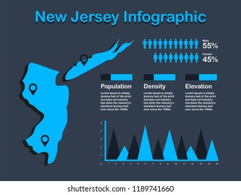 New Jersey State (USA) Map with Set of Infographic Elements in Blue Color in Dark Background. Modern Information Graphics Element for your design.