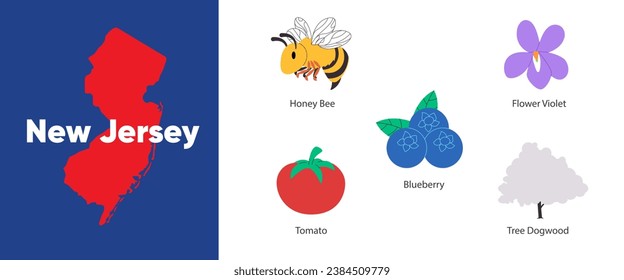 New Jersey states with symbol icon of northern highbush blueberry tomato violet flower dogwood tree and honey bee illustration svg