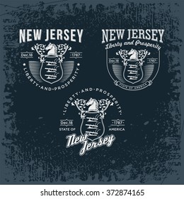 New Jersey three stylized vintage emblems state of America, black, vector illustration