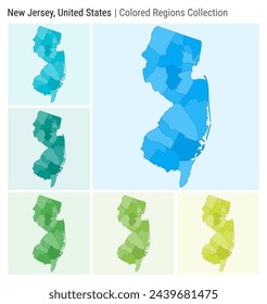 New Jersey, United States. Map collection. State shape. Colored counties. Light Blue, Cyan, Teal, Green, Light Green, Lime color palettes. Border of New Jersey with counties. Vector illustration.