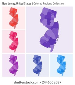 New Jersey, United States. Map collection. State shape. Colored counties. Deep Purple, Red, Pink, Purple, Indigo, Blue color palettes. Border of New Jersey with counties. Vector illustration.