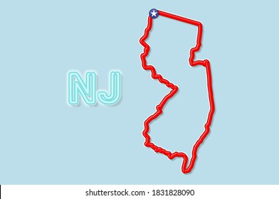 New Jersey US state bold outline map. Glossy red border with soft shadow. Two letter state abbreviation. Vector illustration.
