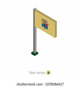 New Jersey US state flag on flagpole in isometric dimension. Isometric blue background. Vector illustration.