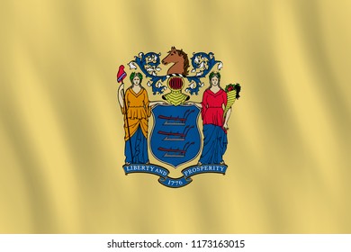 New Jersey US state flag with waving effect, official proportion.