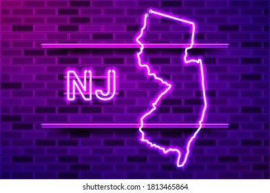 New Jersey US state glowing neon lamp sign. Realistic vector illustration. Purple brick wall, violet glow, metal holders.