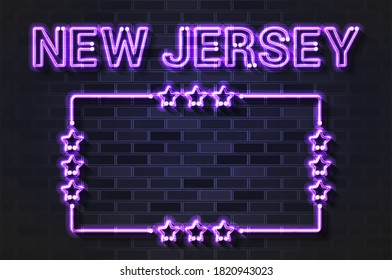 New Jersey US State glowing violet neon letters and starred frame. Realistic vector illustration. Black brick wall, soft shadow.