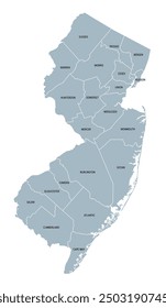 New Jersey, U.S. state, gray political map with borders and county names. State in the Mid-Atlantic and Northeastern region of the United States, subdivided into 21 counties, nicknamed Garden State.