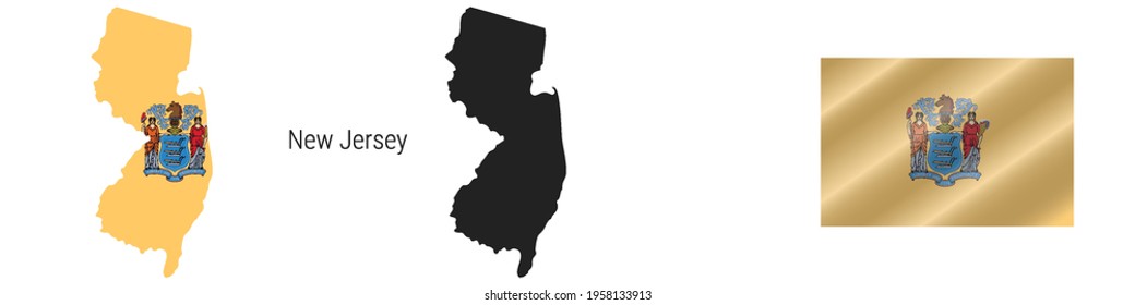 New Jersey US state map with masked flag. Detailed silhouette. Waving flag. Vector illustration isolated on white.