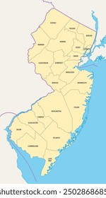 New Jersey, U.S. state, political map with borders and county names. State in the Mid-Atlantic and Northeastern region of the United States, subdivided into 21 counties, nicknamed The Garden State.