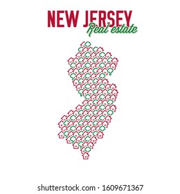 New Jersey US state realty creative concept. Icons of houses with gardens in the shape of a map of New Jersey. Vector illustration.