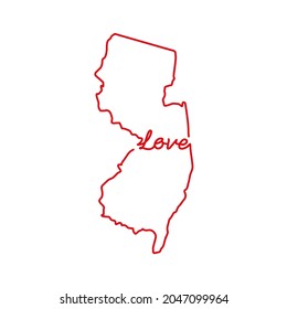 New Jersey US state red outline map with the handwritten LOVE word. Continuous line drawing of patriotic home sign. A love for a small homeland. Interior decoration idea. Vector illustration.
