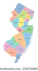 Nova Jersey, estado dos EUA, subdividido em 21 condados, mapa político multicolorido com a capital Trenton, fronteiras e nomes de condado. Estado na região do Atlântico Médio e Nordeste dos Estados Unidos.