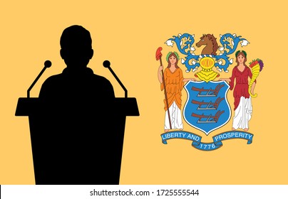 New Jersey USA Flag Background Man Speaks. Business Man Presentation Conference Concept.