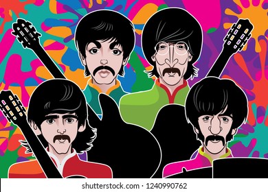 New Jersey, USA, NOVEMBER 26 2018: Illustrative editorial caricature of The Beatles with instruments. Paul McCartney, John Lennon, George Harrison and Ringo Starr. Eps10 vector.