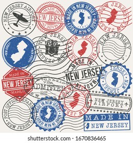 New Jersey, USA Set of Stamps. Travel Passport Stamps. Made In Product. Design Seals in Old Style Insignia. Icon Clip Art Vector Collection.