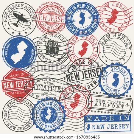 New Jersey, USA Set of Stamps. Travel Passport Stamps. Made In Product. Design Seals in Old Style Insignia. Icon Clip Art Vector Collection.