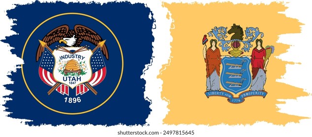 New Jersey and Utah states grunge brush flags connection, vector