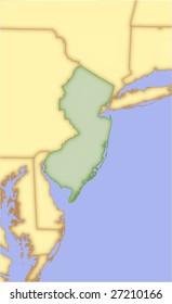 New Jersey, vector map, with borders of surrounding states. 5 named layers, fully editable.