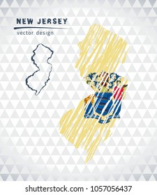 New Jersey vector map with flag inside isolated on a white background. Sketch chalk hand drawn illustration
