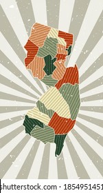 New Jersey vintage map. Grunge poster with map of the us state in retro color palette. Shape of New Jersey with sunburst rays background. Vector illustration.