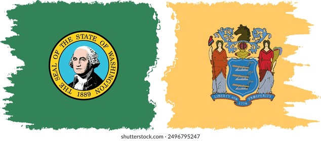 New Jersey and Washington states grunge brush flags connection, vector