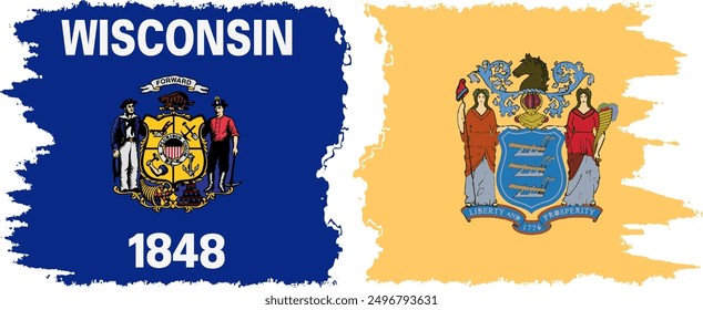 New Jersey and Wisconsin states grunge brush flags connection, vector