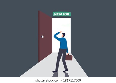 New job challenge, make decision for new opportunity in work or career development concept, businessman thinking and make decision to exit bright future opening door with sign on top as New Job.
