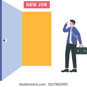New job challenge, make decision for new opportunity in work or career development concept, businessman thinking and make decision to exit bright future opening door with sign on top as New Job.

