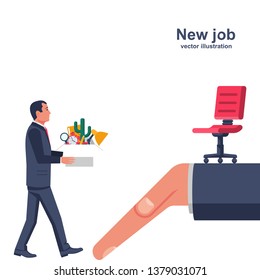 New job concept. Box with office supplies hold in hands. Welcome employee. Successful businessman. Beginning of business career. Vector isometric design. Isolated on background.