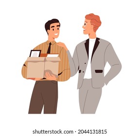 New Job Concept. Happy Office Worker Starting Career, Arriving With Box To Workplace On First Day. Colleague Welcoming And Greeting Employee. Flat Vector Illustration Isolated On White Background