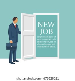 New job concept. Man opens door looking for work. Welcome employee. Successful businessman in suit with briefcase. Beginning of business career. Vector illustration flat design. Isolated on background