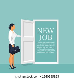 New job concept. Woman opens door looking for work. Welcome employee. Successful businesswoman in suit with briefcase. Beginning of business career. Vector illustration flat design.