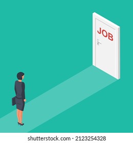 New job concept. Woman opens door looking for work. Welcome employee. Successful businesswoman in suit with briefcase. Beginning of business career. Vector illustration flat design.