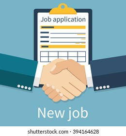 New job. Handshake two men in background for job. Job application form.  Vector illustration in flat design style. Application for employment. Successful partnership.  Recruitment. Deal. Hiring.