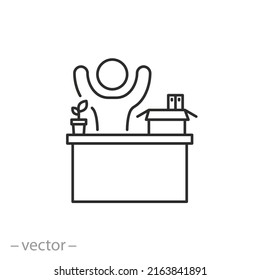 nuevo icono de trabajo, persona feliz en el lugar de trabajo, primer día laborable para el empleado de la empresa, símbolo de línea delgada sobre fondo blanco - ilustración de vector de trazo editable