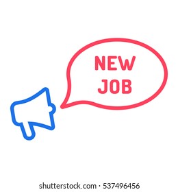 New job. Megaphone with speech bubble icon. Flat vector illustration on white background.