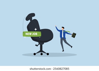 New job offer or new career opportunity, joyful upbeat entrepreneur welcoming his new job office chair. 