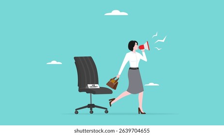 new job offer or career opportunity, recruitment or search for new employees, job announcement design, woman using megaphone to announce job vacancy with empty office chair for new job position