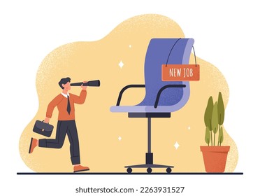 New job offer. Man with briefcase and binoculars looks at empty chair. Recruitment and candidate for vacancy. Employee looking for job. New position or hiring. Cartoon flat vector illustration