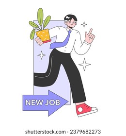 New job offer. Young adult manager or worker changing a workplace. New career opportunity, succesful job apply. Onboarding of a new employee. Flat vector illustration