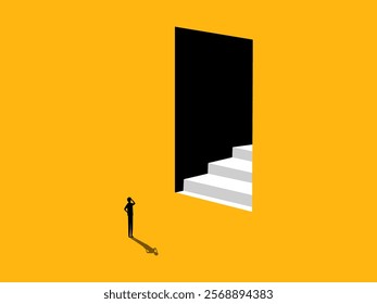 New job opportunity, success. Businessman looks at stairs in door