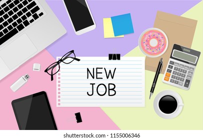 NEW JOB text on note paper with office supplies on colorful paper background, flat lay. Vector illustration