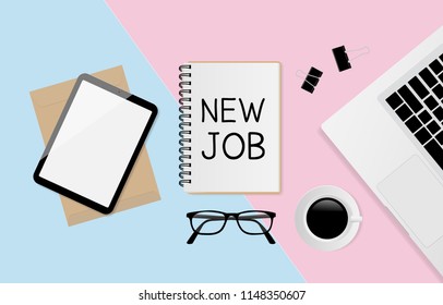 NEW JOB text on notebook with office supplies on pink and blue paper background, flat lay. Vector illustration