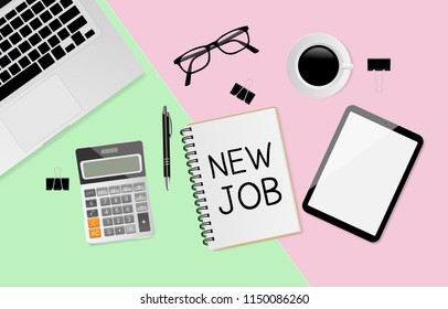 NEW JOB text on notebook with office supplies on pink and green paper background, flat lay. Vector illustration