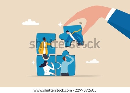 New joiner to fill in team and solve problem, teamwork to get solution, put right man in the right job to fit job description concept, businessman hand HR put new joiner to connect jigsaw puzzle.