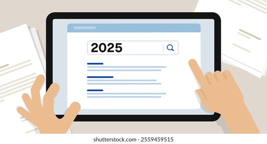 New keywords trend in 2025 prediction of trending topics for search engine optimization in new year hand search on tablet screen