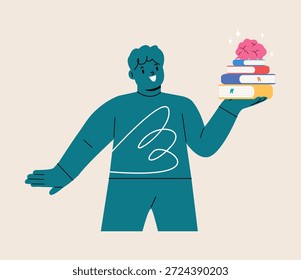 New knowledge concept. Boy holding textbooks and brain in hand. Colorful vector illustration


