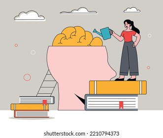 New knowledge concept. Woman stands on stack of books with watering can and waters abstract head silhouette. Education, learning, training and selfdevelopment. Cartoon flat vector illustration