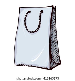 New kraft simple single reuse add box with string holder isolated on white backdrop. Freehand outline ink pen hand drawn icon sign sketch in art scribble retro style. Closeup view with space for text